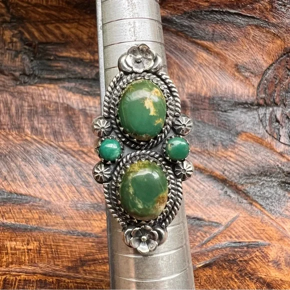 925 Sterling Silver Green Turquoise Ring with Floral Details – Size 7 - Picture 10 of 13